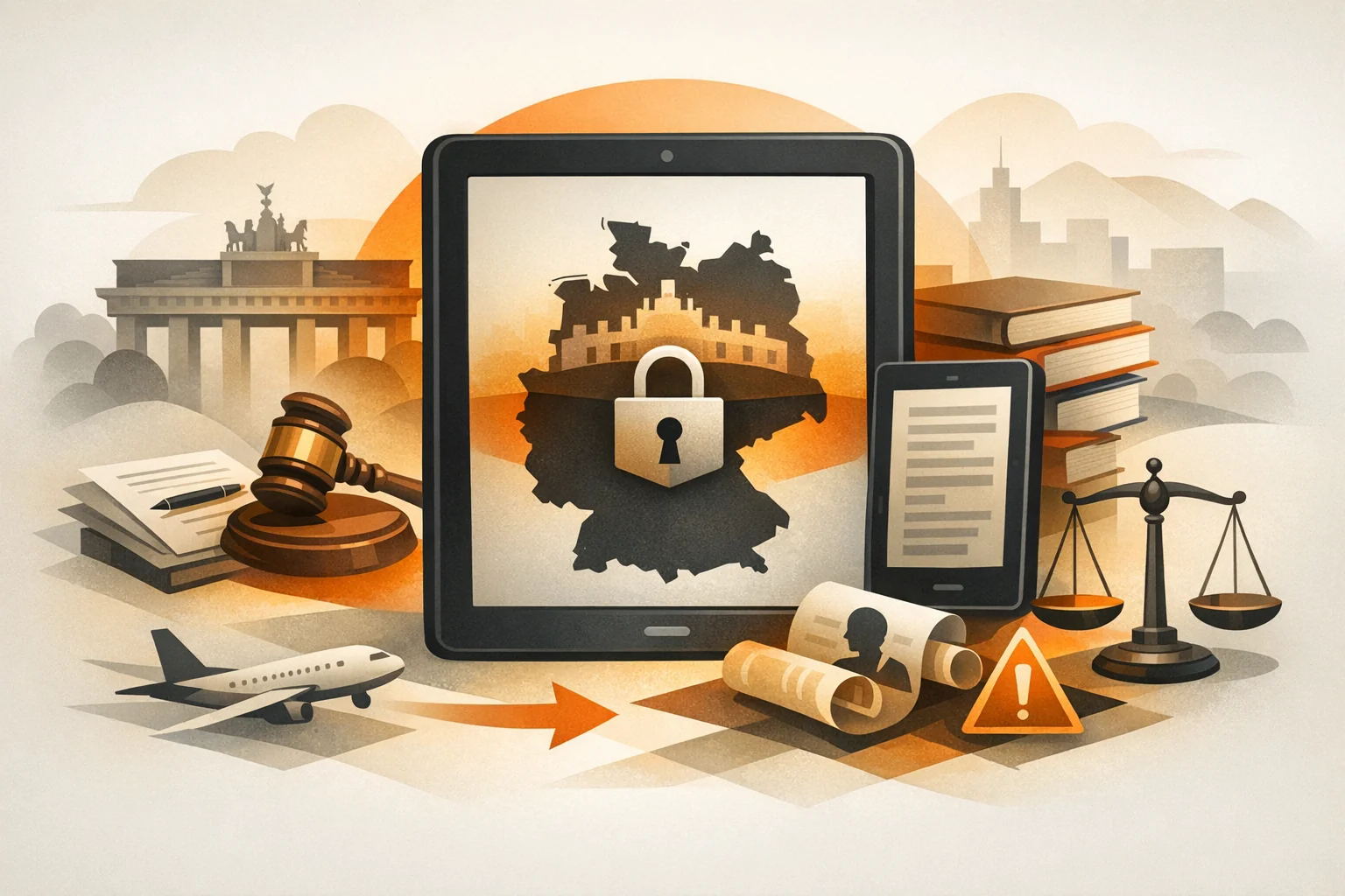 German law scales balanced with books, symbolizing title protection